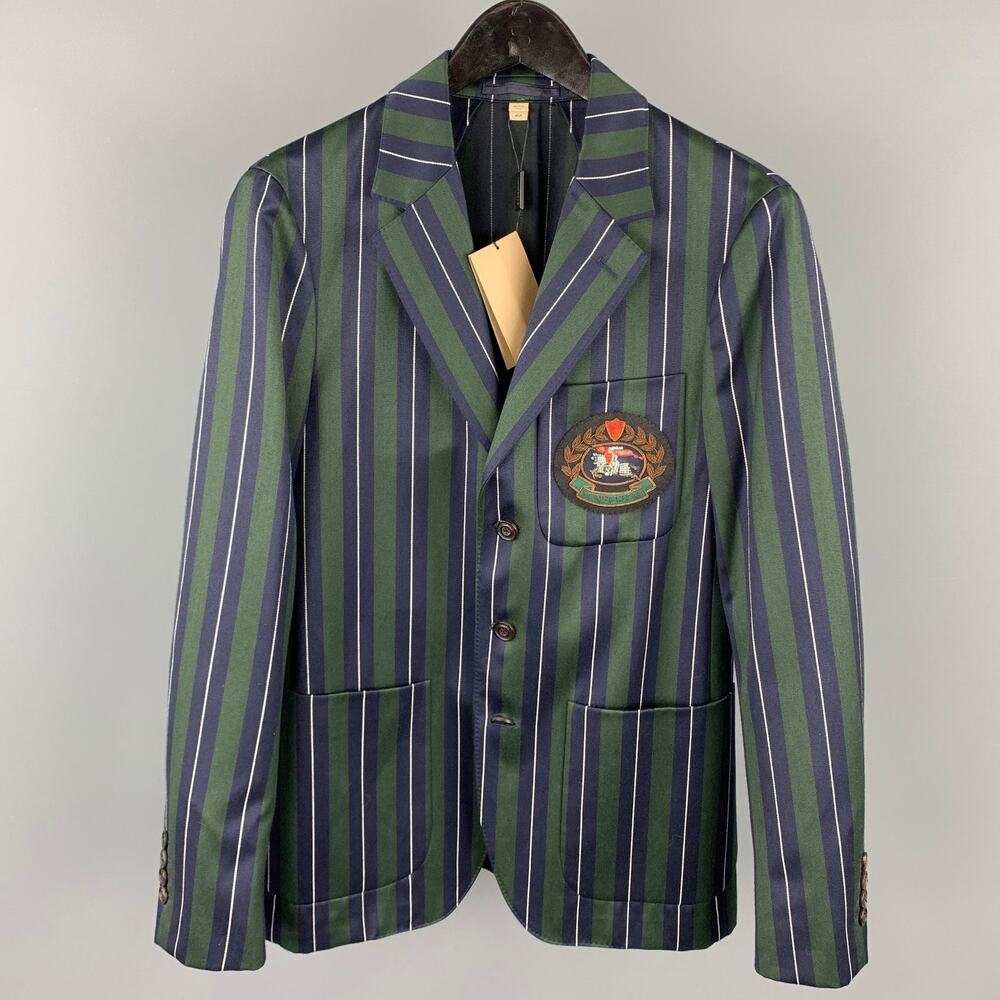 BURBERRY 36 Regular Green & Navy Vertical Stripe Wool / Cotton Notch Lapel Suit